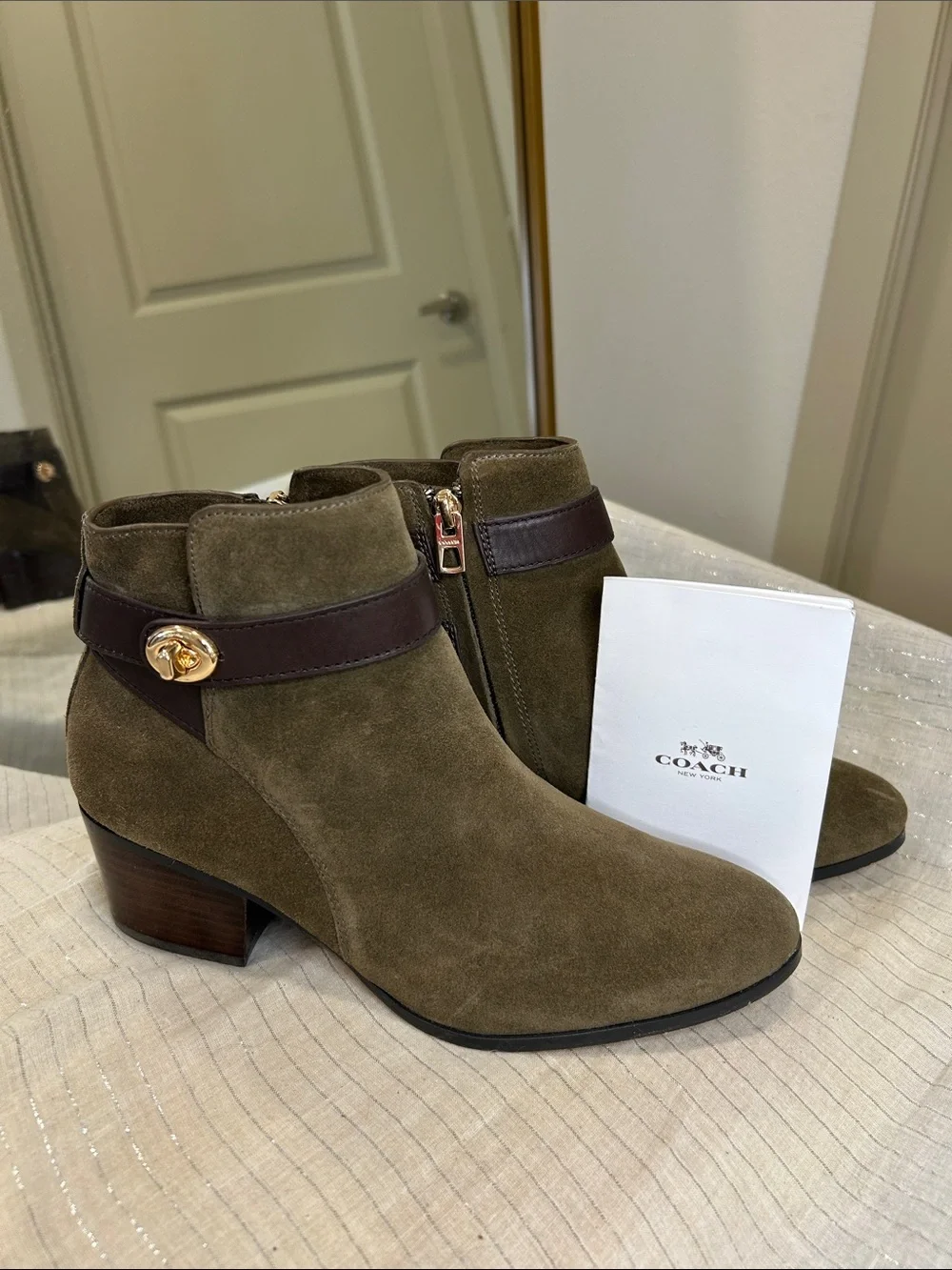 Coach Patricia Suede Ankle Booties – Fatigue Green / Chestnut